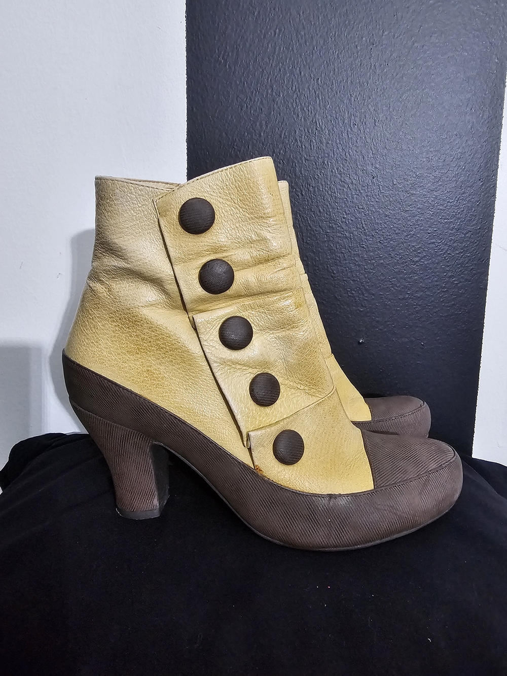 Miz Mooz Yellow and Brown Button-Front Ankle Booties